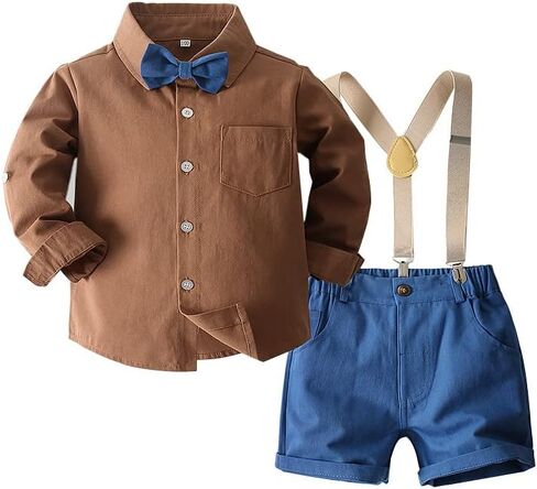 Baby Boys Summer Gentleman Shirt Outfits Clothes Long Sleeve Button Down Tops with Bowtie + Suspenders Shorts in Saudi Arabia