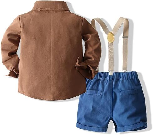 Baby Boys Summer Gentleman Shirt Outfits Clothes Long Sleeve Button Down Tops with Bowtie + Suspenders Shorts in Saudi Arabia