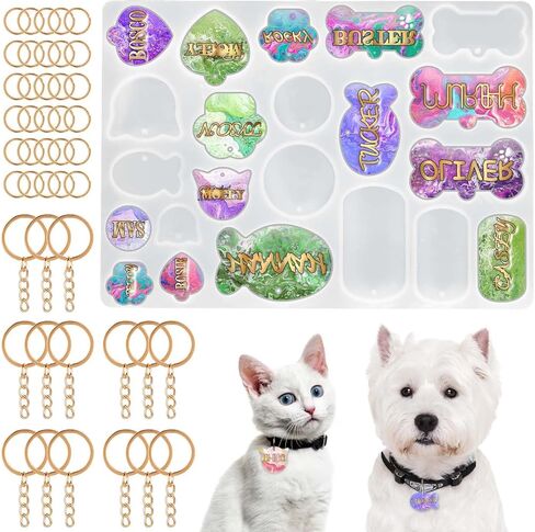 Qianyu 46 Pcs Pet Tag Resin Mould Silicone Model Dedicated for Casting Resin Pet Collar Pendant Dog Cat Name Keychain Mould with Set of Matching Keychain DIY Crafts Making Tag Pendant Accessories in Kuwait