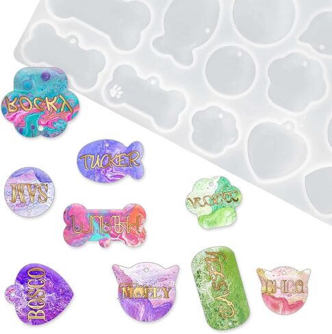 Qianyu 46 Pcs Pet Tag Resin Mould Silicone Model Dedicated for Casting Resin Pet Collar Pendant Dog Cat Name Keychain Mould with Set of Matching Keychain DIY Crafts Making Tag Pendant Accessories in Kuwait