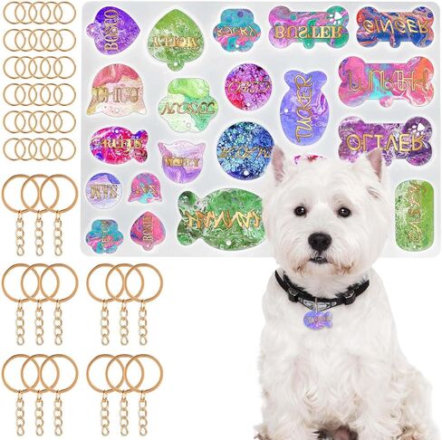 Qianyu 46 Pcs Pet Tag Resin Mould Silicone Model Dedicated for Casting Resin Pet Collar Pendant Dog Cat Name Keychain Mould with Set of Matching Keychain DIY Crafts Making Tag Pendant Accessories in Kuwait