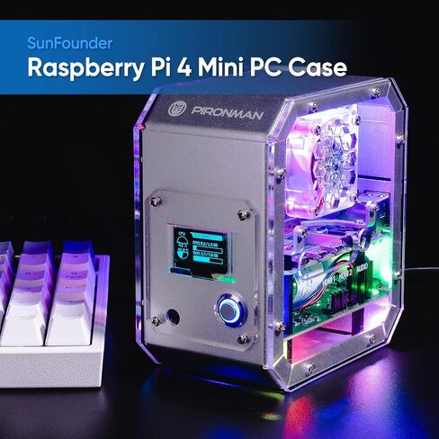 حافظة Pironman Mini PC لـ Raspberry Pi - حافظة برجية من سبائك الألومنيوم مع مروحة، مبرد برج، لوحة توسيع M.2 SATA SSD، 0.96 بوصة OLED، مستقبل IR وزر طاقة لـ Raspberry Pi 4 in Kuwait