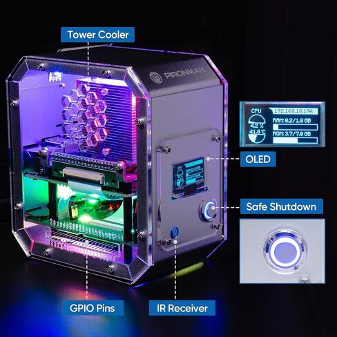 حافظة Pironman Mini PC لـ Raspberry Pi - حافظة برجية من سبائك الألومنيوم مع مروحة، مبرد برج، لوحة توسيع M.2 SATA SSD، 0.96 بوصة OLED، مستقبل IR وزر طاقة لـ Raspberry Pi 4 in Kuwait
