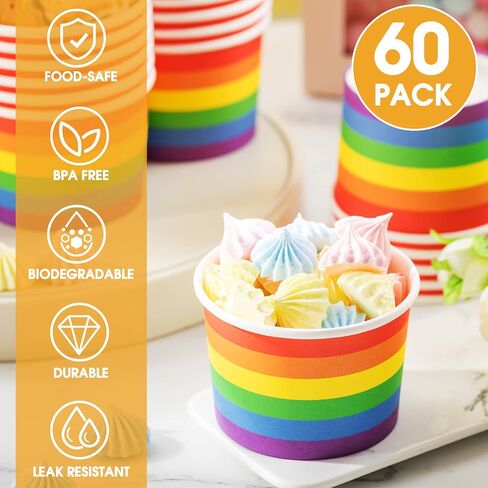 Sabary 60 Pieces Rainbow Pride Ice Cream Cups Colorful Stripe Disposable Dessert Bowls Paper Soup Bowls Pride Snack Cups for Hot or Cold Food for Birthday Carnival Pride Party Supplies (Fresh Style) in Saudi Arabia
