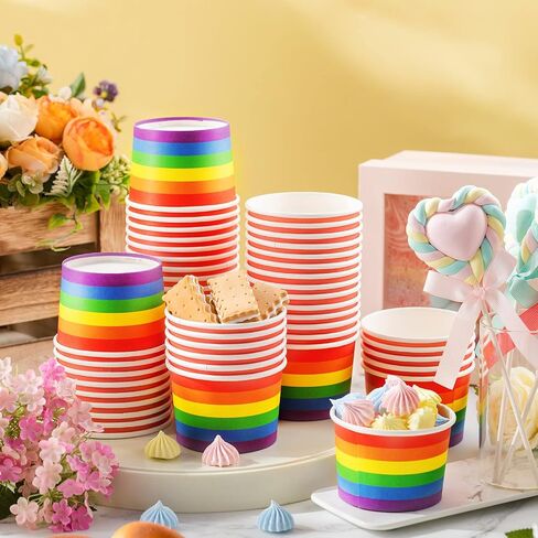 Sabary 60 Pieces Rainbow Pride Ice Cream Cups Colorful Stripe Disposable Dessert Bowls Paper Soup Bowls Pride Snack Cups for Hot or Cold Food for Birthday Carnival Pride Party Supplies (Fresh Style) in Saudi Arabia