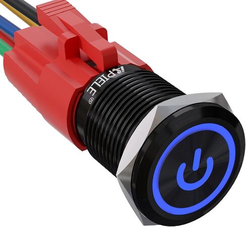 APIELE 16 مم مفتاح زر الضغط 0.63 بوصة 12 فولت حلقة رمز الطاقة LED سيارة معدنية مع قابس مقبس 1NO1NC SPDT ON/Off (غطاء أزرق/أسود) in Saudi Arabia