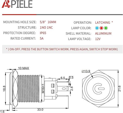 APIELE 16 مم مفتاح زر الضغط 0.63 بوصة 12 فولت حلقة رمز الطاقة LED سيارة معدنية مع قابس مقبس 1NO1NC SPDT ON/Off (غطاء أزرق/أسود) in Saudi Arabia