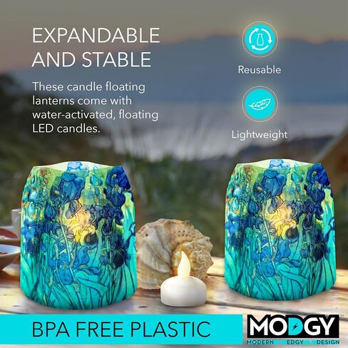 MODGY Luminary Lanterns Candle Holder Decorative Indoor Outdoor, for Wedding Centerpiece Decoration Outside Patio, with Flameless Floating LED Candles Vincent Van Gogh Irises, Pack of 4 in Saudi Arabia