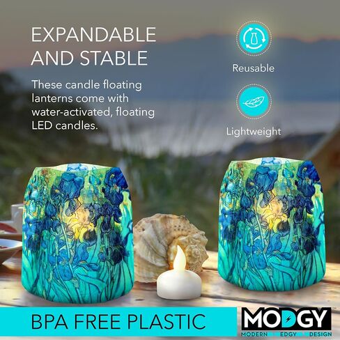 MODGY Luminary Lanterns Candle Holder Decorative Indoor Outdoor, for Wedding Centerpiece Decoration Outside Patio, with Flameless Floating LED Candles Vincent Van Gogh Irises, Pack of 4 in Saudi Arabia