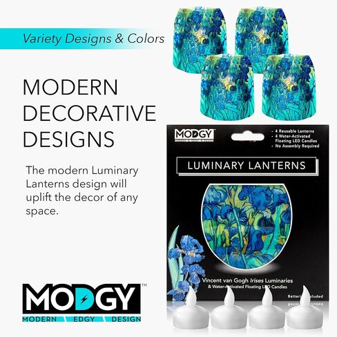 MODGY Luminary Lanterns Candle Holder Decorative Indoor Outdoor, for Wedding Centerpiece Decoration Outside Patio, with Flameless Floating LED Candles Vincent Van Gogh Irises, Pack of 4 in Saudi Arabia