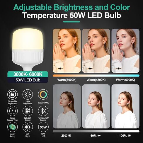 EMART 50W Dimming 3000K-6000K APP/Remote Control LED Light Bulb for Softbox Lighting Kit, Photography Lighting Soft Light Bulb for Professional Studio,Home,Office,Garden,Grow Light-2 Packs in Saudi Arabia