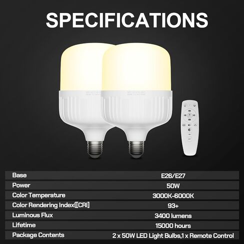 EMART 50W Dimming 3000K-6000K APP/Remote Control LED Light Bulb for Softbox Lighting Kit, Photography Lighting Soft Light Bulb for Professional Studio,Home,Office,Garden,Grow Light-2 Packs in Saudi Arabia