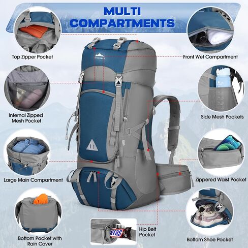 IGOLUMON 60L Hiking Backpack Waterproof Camping Backpack with Rain Cover Large Lightweight Backpacking Backpack for Men Women in Kuwait