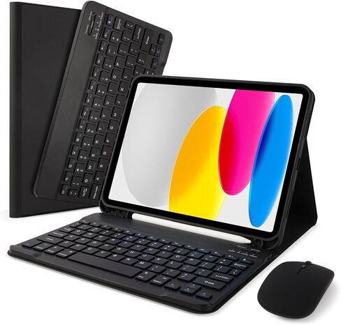 حافظة لوحة مفاتيح LAMA لاسلكية مع ماوس لجهاز iPad الجيل العاشر 10.9 بوصة 2022 (A2696/A2757/A2777)، حافظة لوحة مفاتيح نحيفة قابلة للفصل مع حامل أقلام لجهاز iPad الجيل العاشر، BK in Kuwait