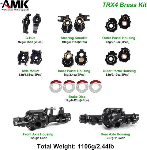 مجموعة AMK TRX4 النحاسية لمحور البوابة الأمامية والخلفية 1106 جرام طلاء أسود مع أغطية مختلفة أوزان عداد C-Hub لـ 1/10 RC Crawler TRX6 TRX4 ترقيات (أمامي + خلفي) in Saudi Arabia