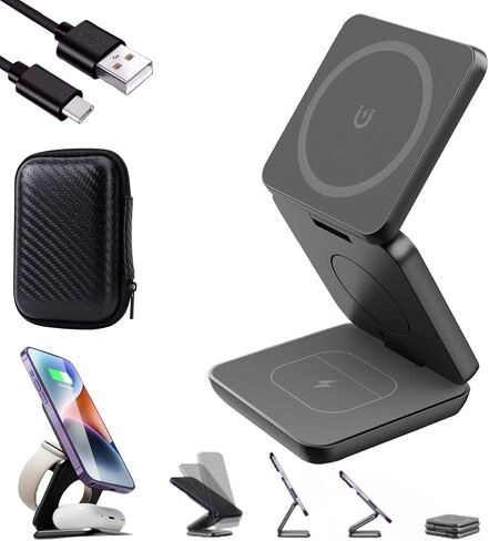 شاحن لاسلكي مغناطيسي قابل للطي، شاحن لاسلكي للمكتب النظيف، محطة شحن لاسلكية 3 في 1، مناسب لسلسلة iPhone، وساعة Apple، وAirpods (أسود) in Kuwait
