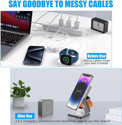 شاحن لاسلكي مغناطيسي قابل للطي، شاحن لاسلكي للمكتب النظيف، محطة شحن لاسلكية 3 في 1، مناسب لسلسلة iPhone، وساعة Apple، وAirpods (أسود) in Kuwait