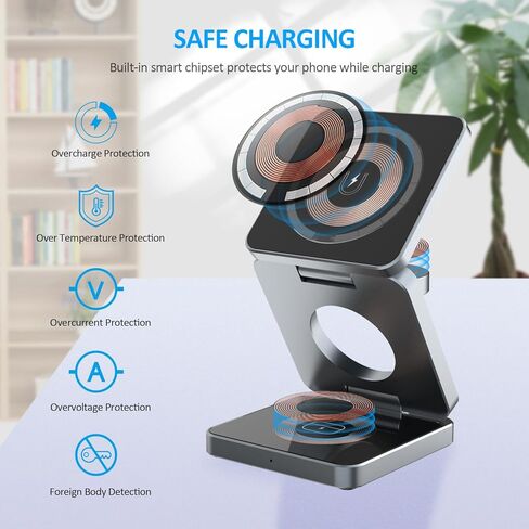 شاحن لاسلكي مغناطيسي قابل للطي، شاحن لاسلكي للمكتب النظيف، محطة شحن لاسلكية 3 في 1، مناسب لسلسلة iPhone، وساعة Apple، وAirpods (أسود) in Kuwait