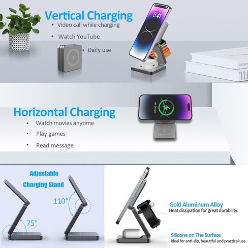 شاحن لاسلكي مغناطيسي قابل للطي، شاحن لاسلكي للمكتب النظيف، محطة شحن لاسلكية 3 في 1، مناسب لسلسلة iPhone، وساعة Apple، وAirpods (أسود) in Kuwait
