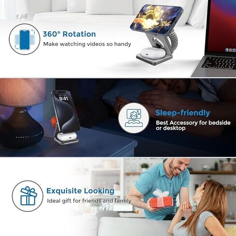 شاحن لاسلكي مغناطيسي قابل للطي، شاحن لاسلكي للمكتب النظيف، محطة شحن لاسلكية 3 في 1، مناسب لسلسلة iPhone، وساعة Apple، وAirpods (أسود) in Kuwait