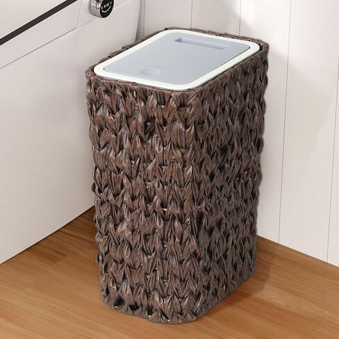 Trongee Bathroom Small Trash Can with Lid,2.6 Gallon Small Garbage Can with Rattan Basket, Slim Wicker Wastebasket Trash Can Press Top Lid for Bathroom,Kitchen,Office,Living Room,Bedroom-Brown in Saudi Arabia