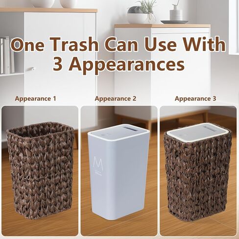 Trongee Bathroom Small Trash Can with Lid,2.6 Gallon Small Garbage Can with Rattan Basket, Slim Wicker Wastebasket Trash Can Press Top Lid for Bathroom,Kitchen,Office,Living Room,Bedroom-Brown in Saudi Arabia