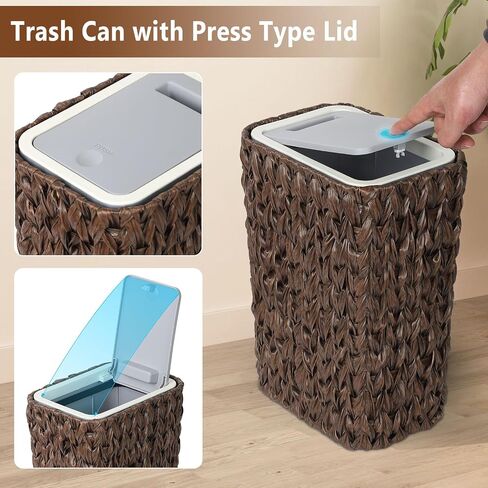 Trongee Bathroom Small Trash Can with Lid,2.6 Gallon Small Garbage Can with Rattan Basket, Slim Wicker Wastebasket Trash Can Press Top Lid for Bathroom,Kitchen,Office,Living Room,Bedroom-Brown in Saudi Arabia