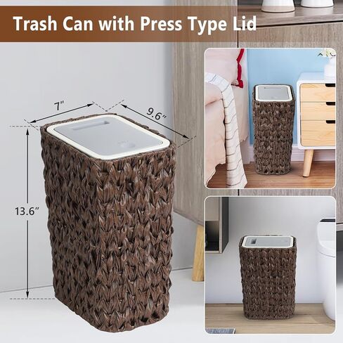 Trongee Bathroom Small Trash Can with Lid,2.6 Gallon Small Garbage Can with Rattan Basket, Slim Wicker Wastebasket Trash Can Press Top Lid for Bathroom,Kitchen,Office,Living Room,Bedroom-Brown in Saudi Arabia