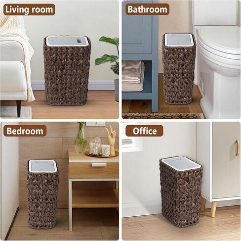 Trongee Bathroom Small Trash Can with Lid,2.6 Gallon Small Garbage Can with Rattan Basket, Slim Wicker Wastebasket Trash Can Press Top Lid for Bathroom,Kitchen,Office,Living Room,Bedroom-Brown in Saudi Arabia