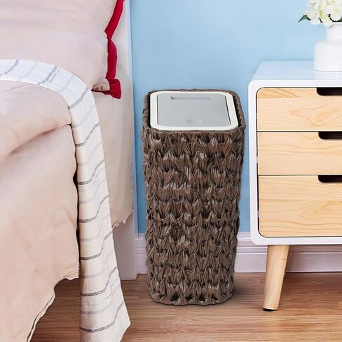 Trongee Bathroom Small Trash Can with Lid,2.6 Gallon Small Garbage Can with Rattan Basket, Slim Wicker Wastebasket Trash Can Press Top Lid for Bathroom,Kitchen,Office,Living Room,Bedroom-Brown in Saudi Arabia