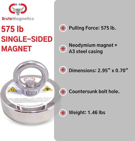 Brute Magnetics- 575 lb Magnet Fishing Bundle, Includes 2.95" Single Sided Rare Earth Neodymium Magnet, 100ft Nylon Paracord with Carabiner, and Threadlocker in Kuwait