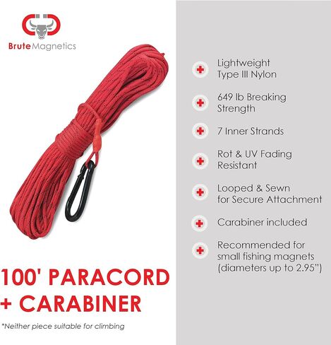 Brute Magnetics- 575 lb Magnet Fishing Bundle, Includes 2.95" Single Sided Rare Earth Neodymium Magnet, 100ft Nylon Paracord with Carabiner, and Threadlocker in Kuwait