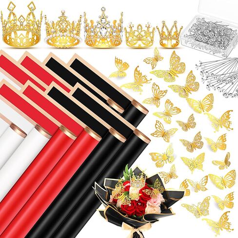 Qeeenar Flower Wrapping Paper Bouquet with 40 Sheets Flower Bouquet Wrapping Paper 5 Pcs Crowns for Flower Arrangements 48 Pcs Gold Butterflies and 100 Flower Pins for Florist Wrap (Black) in Saudi Arabia