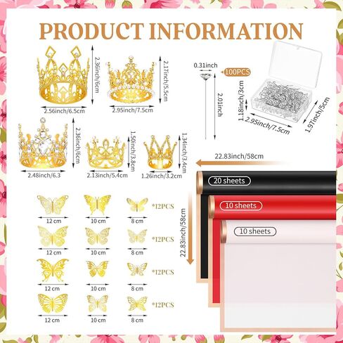 Qeeenar Flower Wrapping Paper Bouquet with 40 Sheets Flower Bouquet Wrapping Paper 5 Pcs Crowns for Flower Arrangements 48 Pcs Gold Butterflies and 100 Flower Pins for Florist Wrap (Black) in Saudi Arabia