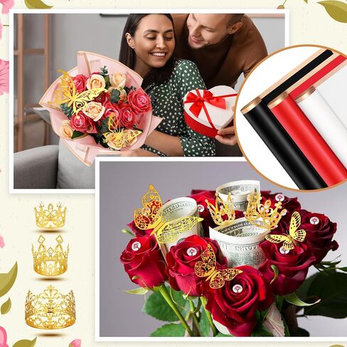 Qeeenar Flower Wrapping Paper Bouquet with 40 Sheets Flower Bouquet Wrapping Paper 5 Pcs Crowns for Flower Arrangements 48 Pcs Gold Butterflies and 100 Flower Pins for Florist Wrap (Black) in Saudi Arabia