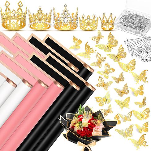 Qeeenar Flower Wrapping Paper Bouquet with 40 Sheets Flower Bouquet Wrapping Paper 5 Pcs Crowns for Flower Arrangements 48 Pcs Gold Butterflies and 100 Flower Pins for Florist Wrap (Black) in Saudi Arabia