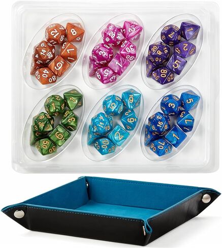 مجموعة نرد متعددة السطوح 42 قطعة، 6 ألوان نرد DND مع علبة بلاستيكية محمولة وصينية جلدية مخملية للعب دور الزنزانات والتنينات، ألعاب طاولة D&D RPG MTG، الحفلات in Kuwait