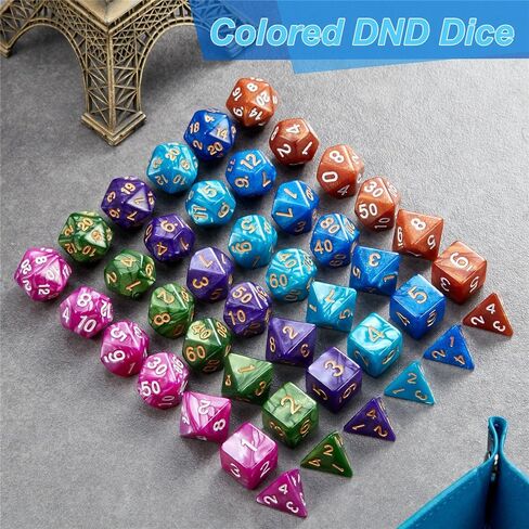 مجموعة نرد متعددة السطوح 42 قطعة، 6 ألوان نرد DND مع علبة بلاستيكية محمولة وصينية جلدية مخملية للعب دور الزنزانات والتنينات، ألعاب طاولة D&D RPG MTG، الحفلات in Kuwait