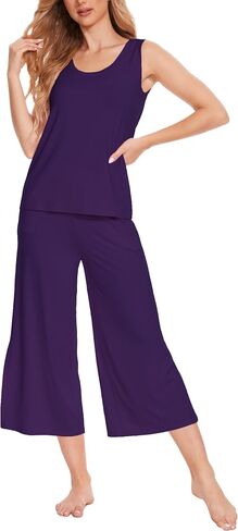 GYS Ladies Pajamas Sets, Capri Pajamas for Women Set, Bamboo Viscose Sleeveless Top and Capri Pants Pj Set Sleepwear in Saudi Arabia