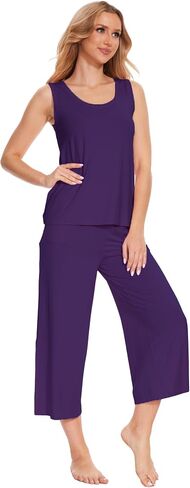 GYS Ladies Pajamas Sets, Capri Pajamas for Women Set, Bamboo Viscose Sleeveless Top and Capri Pants Pj Set Sleepwear in Saudi Arabia