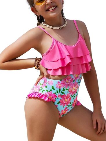 WDIRARA Girl's One Piece Floral Print Ruffle Hem Swimwear Cut Out Colorblock Swimsuit Bathing Suit in Kuwait