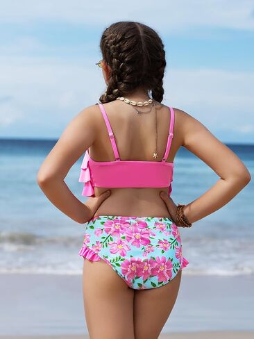 WDIRARA Girl's One Piece Floral Print Ruffle Hem Swimwear Cut Out Colorblock Swimsuit Bathing Suit in Kuwait