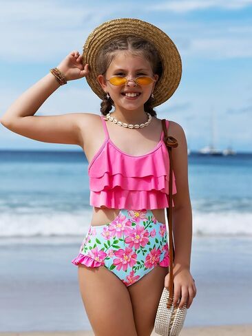 WDIRARA Girl's One Piece Floral Print Ruffle Hem Swimwear Cut Out Colorblock Swimsuit Bathing Suit in Kuwait