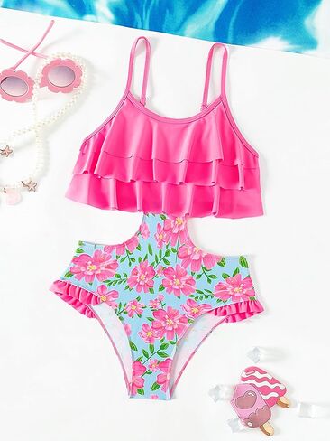 WDIRARA Girl's One Piece Floral Print Ruffle Hem Swimwear Cut Out Colorblock Swimsuit Bathing Suit in Kuwait