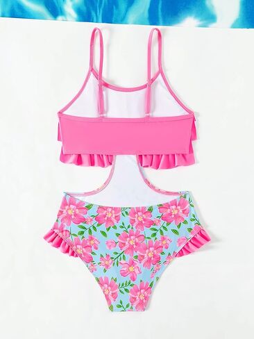 WDIRARA Girl's One Piece Floral Print Ruffle Hem Swimwear Cut Out Colorblock Swimsuit Bathing Suit in Kuwait