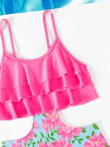 WDIRARA Girl's One Piece Floral Print Ruffle Hem Swimwear Cut Out Colorblock Swimsuit Bathing Suit in Kuwait