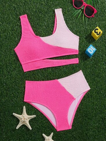 Milumia Girl's 2 Piece Color Block Swimsuits Cut Out Smocked Bikini Sets Cute Swimwear in Saudi Arabia