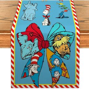 Red and Blue Stripes Table Runner Cartoon Cat Kitchen Dining Table Centerpiece Blue Hat Decorations for Home Party-72 Inches Long in Kuwait