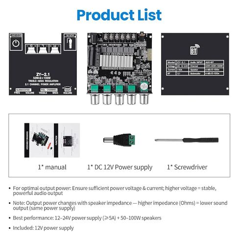 لوحة مضخم صوت بلوتوث، ZY-2.1 2.1CH 50 واط × 2 + 100 واط مضخم صوت مع تحكم ثلاثي وباس، بلوتوث 5.1 ومدخل AUX، مضخم صوت رقمي ستيريو لمكبرات الصوت المنزلية ذاتية الصنع in Kuwait