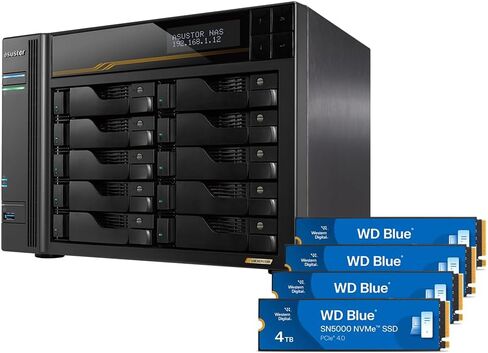 Asustor Lockerstor 10 Gen3 AS6810T with 1 x 4TB SSD (WDS400T4B0E), 10 Bay NAS, AMD Ryzen Quad-Core 2.3 GHz, 16GB RAM ECC DDR5, 4 M.2 NVMe Slots, Dual 5GbE and Dual 10GbE Port Network Attached Storage in Saudi Arabia